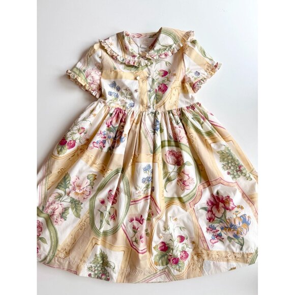 Vintage Girls' FRANCOISE BOUTHILLIER Yellow Floral Cotton A-Line Dress, Size 8 - Picture 1 of 11